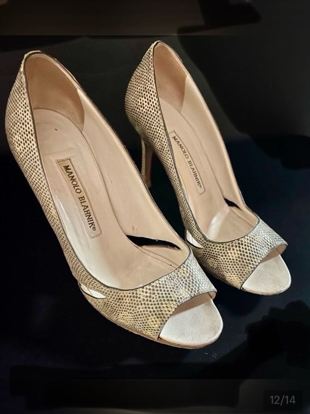 Manolo Blahnik Lizard Embossed Peep Toe Pumps
